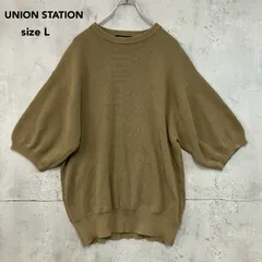 UNION STATION ユニオンステーション 五分袖 ニット セーター カーキ Lサイズ クルーネック プルオーバー ドロップショルダー ビッグシルエット オーバーサイズ トップス 鹿の子編み風 コットン混 カジュアル 普段使い ★ ■◇
