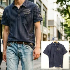 背面プリントがオシャレ【VANSON】バンソン 半袖 ポロシャツ ストライプ 総柄 ワッペン 綿 100% コットン 濃紺 ダークネイビー アメカジ バイカー ワークウェア バイク メンズ サイズM /M44743jQのサムネイル