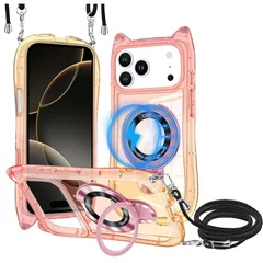 【新品】 iPhone 17 Pro Max 用 ケース クリア MagSafe対応 リング付き TPUバンパー ネック ショルダー あいほん17promax カラー猫耳携帯カバー 肩掛け 首掛け 斜めがけ 紐付き 韓国 かわいいファッション 耐衝撃 車載対応