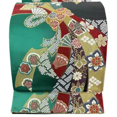 【美品】 袋帯 秀品 束ね熨斗 菊 金糸 箔 緑 六通 正絹 【中古】