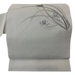 名古屋帯 秀品 落款 夏帯 紬地 昆虫 草花 ベージュ 正絹 【中古】