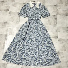 【極美品】LEBECCA boutique レベッカブティック 波を乗り超えるワンピース FREEサイズ ブルー 水色 半袖ワンピース ボタニカル柄 ペイズリー柄 レース襟 2枚襟 ベルト付