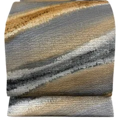 【美品】 袋帯 名品 斜縞 幾何学模様 金通し 灰色 全通 正絹 【中古】