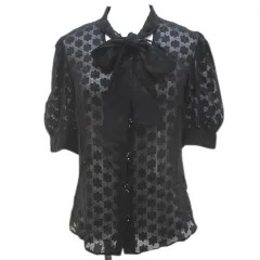 ミリー milly OF NEW YORK 花柄 五分袖 シースルー シャツ ブラウス 4 黒系 ブラック ボウタイ ループボタン