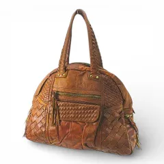 ソフトレザー ボストンバッグ 編みデザイン ブラウン 茶系 レザー