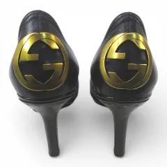 グッチ GUCCI パンプス GGゴールド金具 スタッズ 38C ブラック 黒系 レザー イタリア製