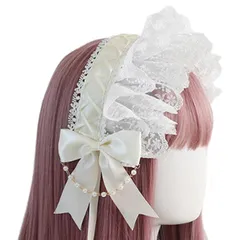 [PrimeBlis] ロリータ リボン 蝶結び 萌え キュート チャーム ロリータ ヘッドドレス ロリータ 髪飾り カチューシャ レース 蝶結び 萌え キュート かわいい コスプレ lolita メイドカフェ (ベージュ, F)
