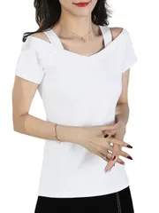 [ブブ オーハナ] Tシャツ オフショルダー ショルダーカット レディース ポートレートVネック 肩見せ ストレッチ性 ポートレート 女性 シャツ 服 ティーシャツ ティシャツ トップス カットソー オフショル (L, 白) [ホワイト] [L]