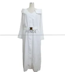美品 FENDI フェンディ リネンシャツドレス ワンピース ズッカ柄 麻 リネン100％ ウエストベルト マキシ ロング Vネック 長袖 ワイドカラー ホワイト サイズ40 レディースのサムネイル