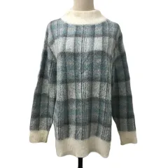 ヘザー Heather セーター ニット プルオーバー ハイネック チェック モヘヤ混 オーバーサイズ 長袖 F 水色 白 ライトブルー ホワイト