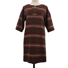 ユナイテッドアローズ A DAY IN THE LIFE UNITED ARROWS ワンピース Iライン ミニ スリットネック ボーダー ウール 七分袖 赤 茶 レッド ブラウン