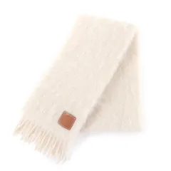 極美品★LOEWE ロエベ 28003861 モヘア ウール混 アナグラムレザーパッチ付 フリンジ マフラー アイボリー スペイン製 正規品 レディース