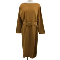 ケイビーエフ KBF アーバンリサーチ ワンピース Iライン ロング 無地 ラップ風 ベルト 長袖 One 茶 黄 ブラウン イエロー