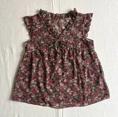 00s　archive 　アーカイブ古着　小花　マルチフラワーモチーフ　総柄　シアー　シースルー　シフォン生地　フリルベスト　ノースリーブカットソー　ビスチェ　Vネック　胸元リボン紐　M　Y2K　平成レトロ　multi flower chiffon vest