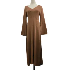 ミスティック mystic ワンピース ニット Iライン フレア ロング カシュクール風 リブ 無地 フレアスリーブ 長袖 F 茶 ブラウン