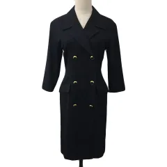 メルローズ MELROSE ワンピース Iライン 膝丈 無地 ダブル ウール 七分袖 黒 ブラック