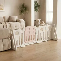 YOTONA ベビーゲート 置くだけ ベビーサークル 形が変えられる 角度調整可能 簡単設置 ドア付き キッズパーテーション ベビーフェンス 自立式 幅169cm アイボリー