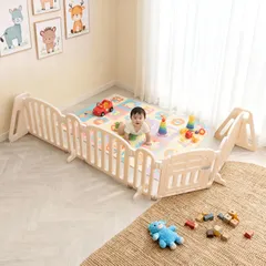 Qucover ベビーゲート 置くだけ ベビーサークル 折りたたみ ベビーフェンス キッズパーテーション 簡単設置 サークル 赤ちゃん ゲート かわいい おしゃれ (扉ページ・ベージュ, 幅357cm)