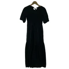 【中古】　ZARA　ワンピース　半袖　ロング丈　シャーリング加工　無地　フレア　パフスリーブ　マニッシュ系　古着　/2101