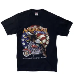 USA製 チョッパーバイク ハーレー系 イーグル 鷲 グラフィック プリント バイカーファッション ヴィンテージ風 星条旗 アメカジ ブラック 黒 Tシャツ レディース ユニセックス メンズ 古着 半袖 CHM