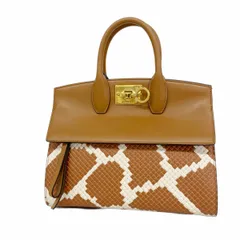 【6dc2421】サルヴァトーレフェラガモ ハンドバッグ ガンチーニ レザー ブラウン ホワイト ゴールド金具【中古】レディース