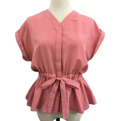 エニィスィス エニシス anySiS ブラウス ノーカラー Vネック 無地 リボン フレア 半袖 2 ピンク