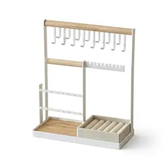 【新品】 ジュエリースタンド アクセサリー収納、大容量、ネックレス15フック、ピアス16ホール、指輪置き、ブレスレットホルダー、木製バー、ナチュラル、おしゃれ小物入れ、ディスプレイスタンド 0