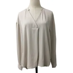 グローブ grove ブラウス カットソー プルオーバー スキッパーカラー タック 無地 長袖 L ベージュ