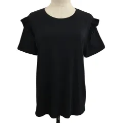 ザラ ZARA カットソー Tシャツ プルオーバー クルーネック フリル 無地 半袖 USA L 黒 ブラック