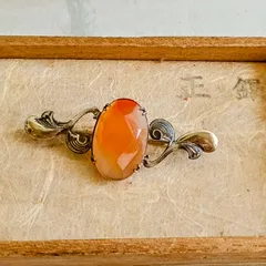 アンティーク メノウ ブローチ カッティング瑪瑙 正銀 シルバー 帯留めにも 昭和レトロ 共箱入り保管品 J24