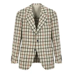 29d16 Camoshita UNITED ARROWS カモシタ ユナイテッドアローズ テーラードジャケット チェック柄 リネン混 44サイズ ブラウン系 メンズ 男性用u02t