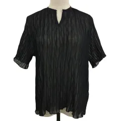 ジュノア JUNOAH ブラウス カットソー プルオーバー スリットネック シアー 透け感 シワ加工 無地 五分袖 L 黒 ブラック