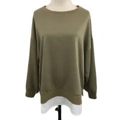 エモダ EMODA カットソー プルオーバー ラウンドネック 切替 レイヤード風 無地 長袖 F 緑 白 グリーン ホワイト