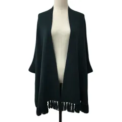 シューラルー SHOO・LA・RUE カーディガン ニット ポンチョ風 前開き フリンジ 無地 長袖 F 緑 グリーン