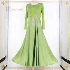 社交ダンス 衣装 サンヨシムラ ドレス ワンピース グリーン系 日本製 緑 刺繍 花 花柄 シンプル 長袖 高級感 光沢 上品 かわいい チョーカー ダンス衣装 イベント ステージ パーティー ダンスパーティー