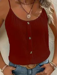【ワインレッド】キャミソール レディース 夏 トップス ノースリーブ ボタン付き ボタンデザイン 無地 涼しい 綿風 ゆったり カジュアル コットン リネン風