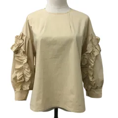 アウィーエフ Auie F ブラウス カットソー プルオーバー ラウンドネック 無地 フリル 長袖 38 ベージュ