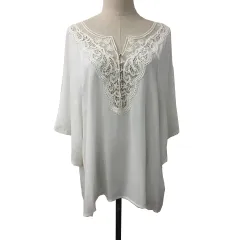 ジーナシス JEANASIS ブラウス シャツ カットソー プルオーバー スリットネック シアー 透け感 レース ナイロン 無地 五分袖 F 白 ホワイト