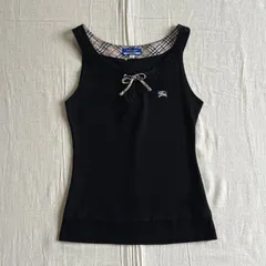 希少　～00s　BUBERRY LONDON BLUE LABEL　バーバリー　タンクトップ　ノースリーブカットソー　ノバチェック柄リボン　胸ホースロゴ刺繍　ストレッチコットン　黒　38　Y2K　平成ギャル　nova check ribbon tank-top