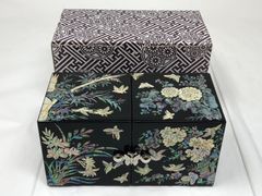 【螺鈿細工 漆器 ジュエリーボックス】鶴・松・牡丹文様 観音開き 引き出し4杯 螺鈿細工 漆器 ジュエリーボックス】鶴・松・牡丹文様 観音開き