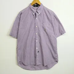 90s Ralph Lauren ラルフローレン BD ボタンダウン シャツ ストライプ 総柄 ワンポイント ロゴ ポニー 刺繍 コットン 古着 VINTAGE パープル ホワイト 20 D435