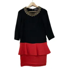 Diagram GRACE CONTINENTAL(ダイアグラム) ワンピース サイズ36 S レディース - 黒×レッド クルーネック/七分袖/ひざ丈/ビーズ/ビジュー