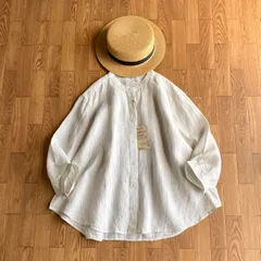 無印良品 リネン100% 洗いざらし ストライプ バンドカラー ブラウス  七分袖