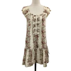 レストローズ L'EST ROSE ワンピース チュニック フレア ミニ プルオーバー フリル 花柄 総柄 シャーリング ノースリーブ 2 ベージュ 赤 レッド