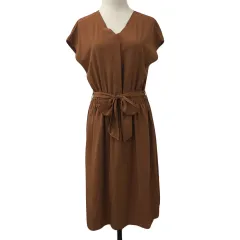 ナチュラルビューティーベーシック NATURAL BEAUTY BASIC ワンピース フレア ロング リボンベルト ウエストゴム 無地 フレンチスリーブ 半袖 L 茶 ブラウン