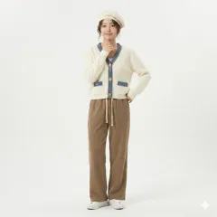 ワッフルニト ベージュ ゴージ パンツ セット