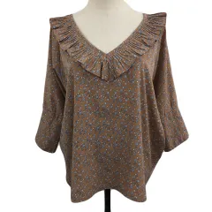 ミスティック mystic ブラウス カットソー プルオーバー Vネック フリル 総柄 花柄 七分袖 F 茶 白 ブラウン ホワイト