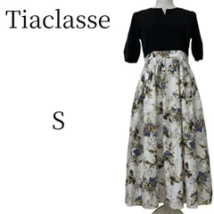 ティアクラッセ Tiaclasse ドッキングワンピース ロング丈 5分袖 花柄 Aライン フレア 切替 キーネック S 黒×白 フォーマル お呼ばれ 上品 きれいめ 清楚 春 夏 秋