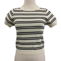 ナイスクラップ NICE CLAUP continuer de セーター ニット プルオーバー ラウンドネック ボーダー 半袖 F 白 黒 ホワイト ブラック