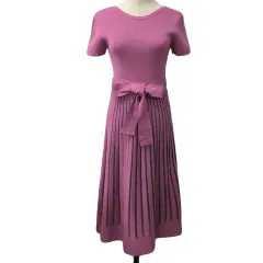 ロイヤルパーティー ROYAL PARTY ワンピース ニット フレア ロング リボンベルト 切替 ウエストゴム 半袖 F ピンク グレー